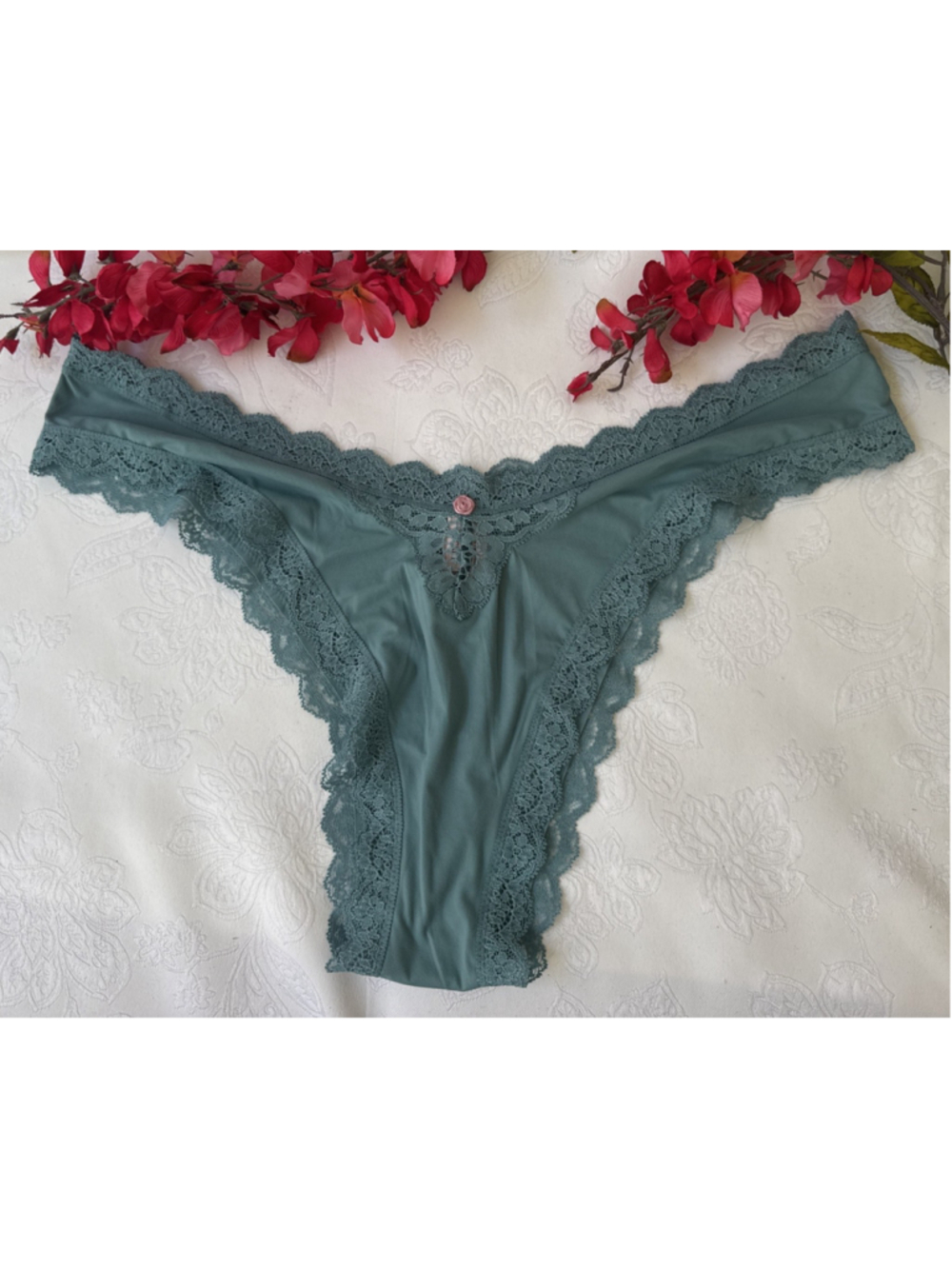VICTORIA'S SECRET XL SILKY GREEN W LACE HI LEG BRAZILIAN THONG PANTIES NWT